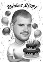 Персона с праздничным тортом и подарком-карикатурой на шампанское в черно-белом стиле