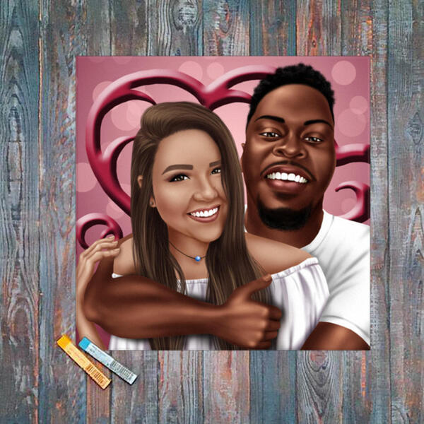 Canvas Print: Couple Hugs Cartoon Caricature from Photos with Romantic Background