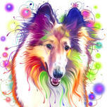 Lapsiystävällinen collie-koirasarjakuva akvarellityylinen muotokuva roiskeilla taustalla