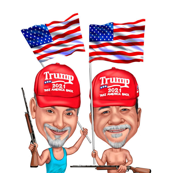 Caricatura de duas pessoas segurando bandeiras