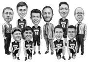 Карикатура баскетбольной спортивной команды в полный рост в черно-белом стиле на основе фотографий