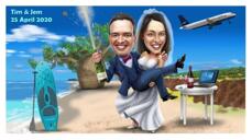 Couple on Vacation Caricature with Tropical Beach Background