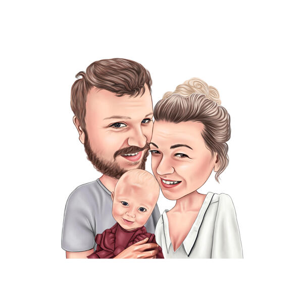 Eltern mit Baby-Cartoon-Karikatur im Farbstil von Fotos
