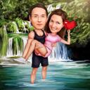 Casal caminhando em caricatura de trilha