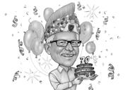 Персона с праздничным тортом и подарком-карикатурой на шампанское в черно-белом стиле