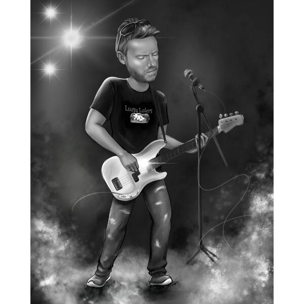 Caricatura del chitarrista in stile bianco e nero dalle foto