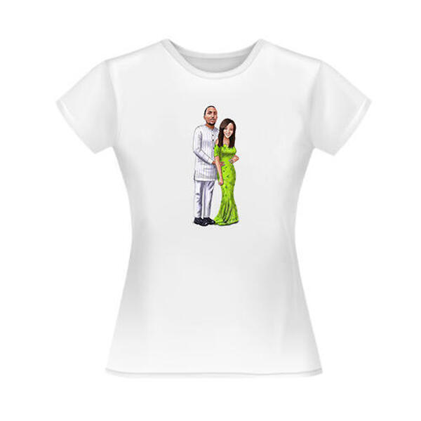 T-shirt üzerine basılmış renkli stilde çift tam vücut karikatür portre