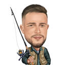 Fisherman Caricature with Fish and Fishing Rod