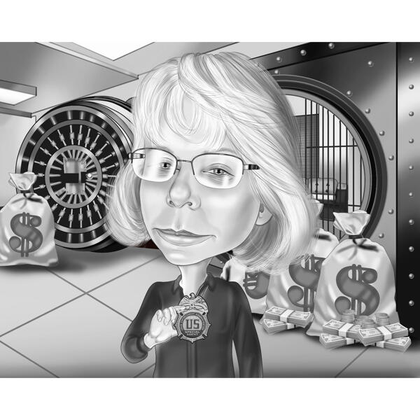 Pangakarikatuur - kohandatud karikatuurportree fotolt mustvalges stiilis pangakinkimiseks