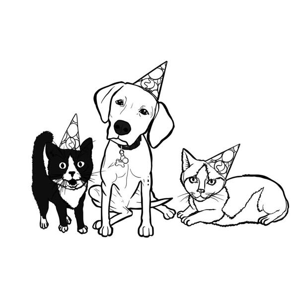 Full Body Pets Caricature in Outline Style for Custom Pet Lovers Gift