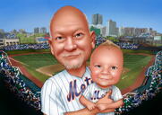 Father and Kid Caricature in Favorite Baseball Team Uniform