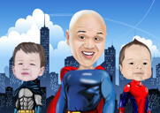 Caricatura di supereroi di gruppo che disegna da foto con sfondo di città