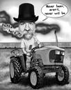 Caricatura de granjero en blanco y negro: hombre en un tractor con fondo personalizado