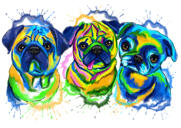Retrato em aquarela de grupo de cães