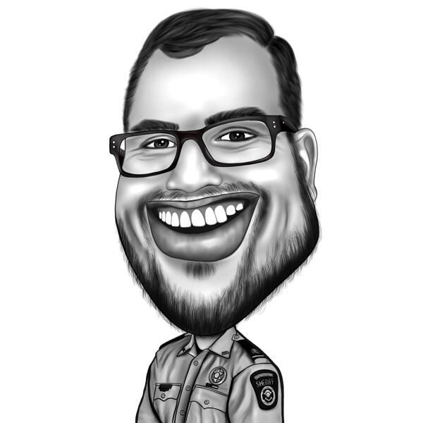 Dibujo de caricatura de policía divertido en blanco y negro