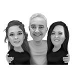 Father with Daughters Black and White Style Caricature