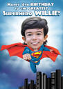 Ritratto personalizzato di un bambino supereroe da foto con sfondo del cielo