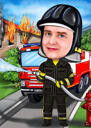 Fireman Caricature with Fire in Background