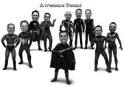 Men Superhero Group Caricature Artwork from Photos in Black and White Drawing Style