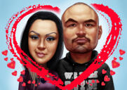 Caricatura di coppia romantica su poster con cuore rosso