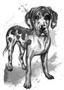 Desen animat de câine danez mare cu plumb negru pe tot corpul din fotografie în stil acuarelă