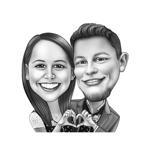 Couple Showing Hand Heart Caricature in Black and White Style