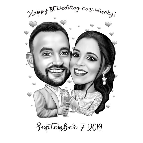 Caricature de couple pour leur anniversaire de mariage : style noir et blanc