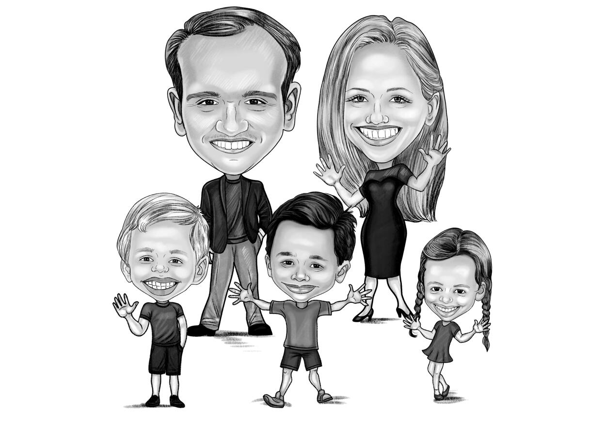 Funny Group Sketch Drawing in Full Body Black and White Style