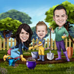 Caricatura di giardinaggio di famiglia felice in stile a colori dalle foto
