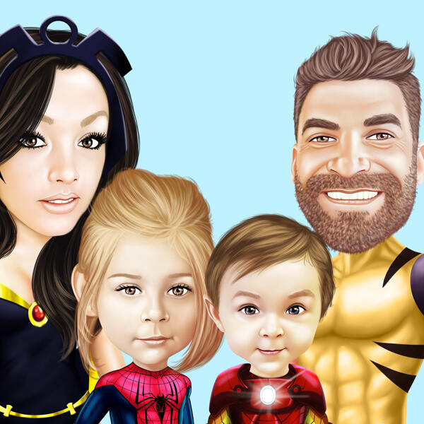 Dibujos animados de grupo de superhéroes de fotos como superhéroes personalizados