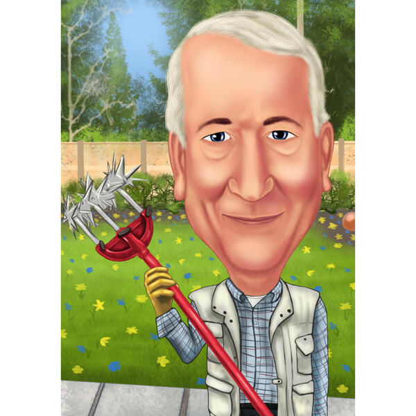 Karikatuur van een tuinmedewerker met een aangepaste achtergrond.