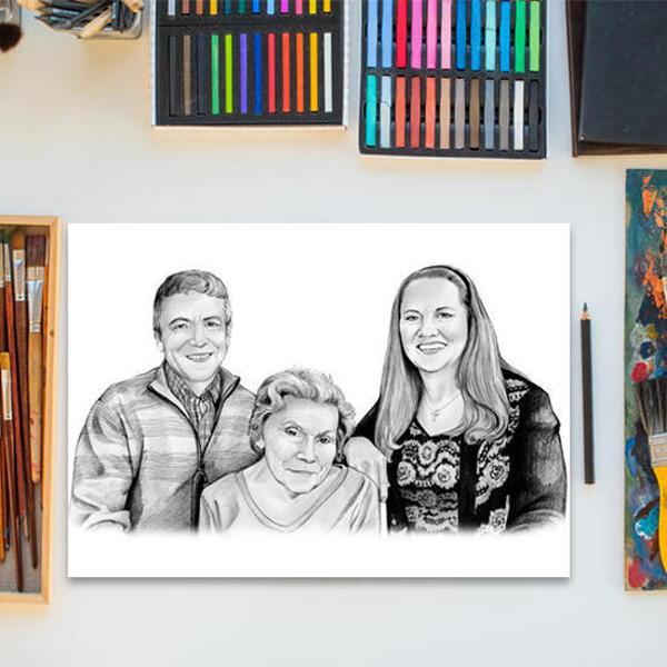 Svart och vitt familjeporträtt från foton Poster Print Gift