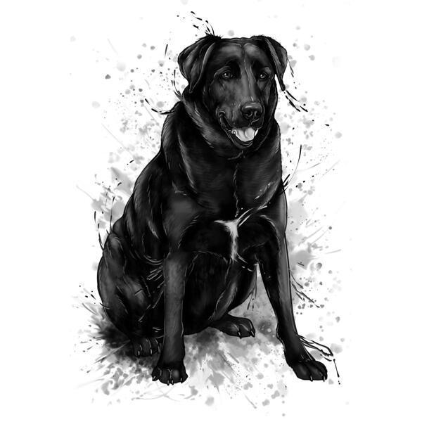 Siyah Beyaz Suluboya Stilinde Fotoğraftan Tam Vücut Köpek Karikatür Portresi