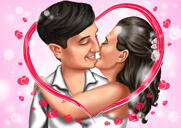 Kiss Me - Colored Couple Caricature with Hearts