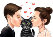 Pár s kočkou v srdečním barevném stylu karikatury z fotografií