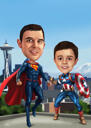 Caricatura personalizzata di un padre supereroe con il suo bambino