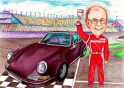 Racerbilförare karikatyr i färgstil med anpassad bakgrund från foto