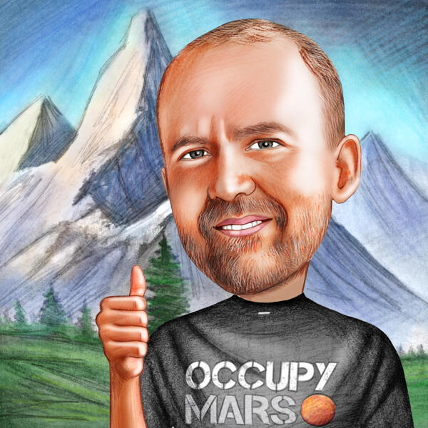Карикатурный портрет человека с головой и плечами в цветном стиле на фоне гор