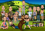 Caricatura de padrinos de boda con aficiones personales