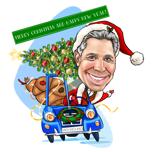 Pārspīlēta karikatūra par Ziemassvētku vecīti, kas steidzas ar automašīnu Ziemassvētku vakarā