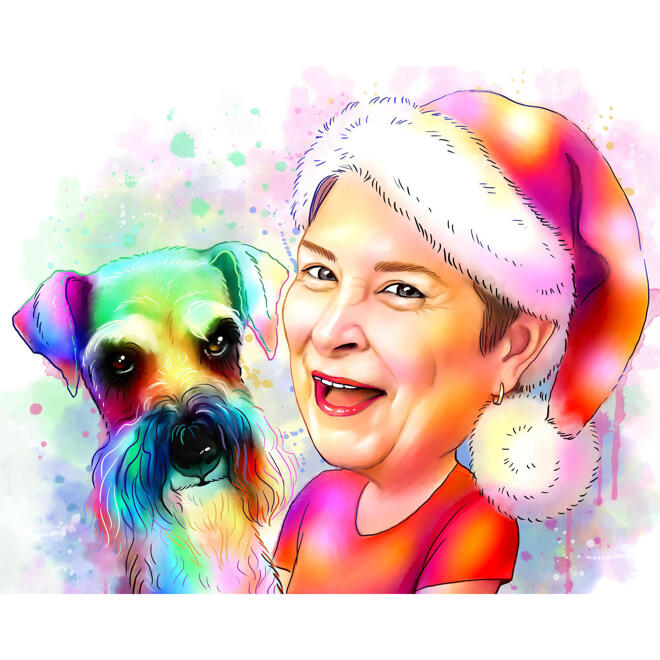Caricatura di Natale del proprietario con animale domestico in stile acquerello