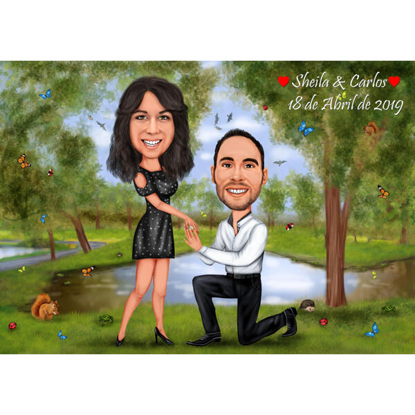 Paar Heiratsantrag Farbige Cartoon-Zeichnung mit Natur-Hintergrund