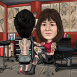 Tatuadora feminina durante caricatura do processo de trabalho