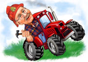 Personas lauksaimniecības kultivatora karikatūra krāsu stilā kā pielāgota dāvana lauksaimniekam