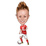 Caricatura de niño de jugador de fútbol exagerada divertida con pelota de foto