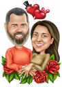 Presente de caricatura de casal com ornamentos florais em fundo colorido