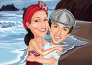 Забавная карикатура отпускной пары на фоне морского пляжа из фотографий
