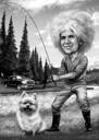 Человек с домашним животным в отпуске - Черно-белая карикатура по фотографиям