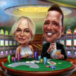 Caricaturi de cuplu de cazinou în stil colorat exagerat, desenate de artiști