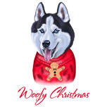 Woofy Ziemassvētku kartīte: Haskijs neglītā džemperī